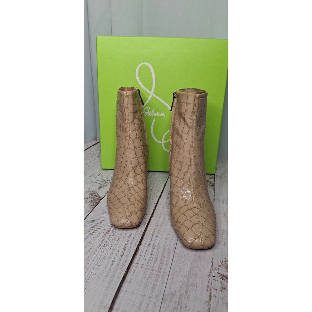 Sam Edelman Fawn Ankle Boots Chai Croc Patent Square Toe Block Heel Beige 6M